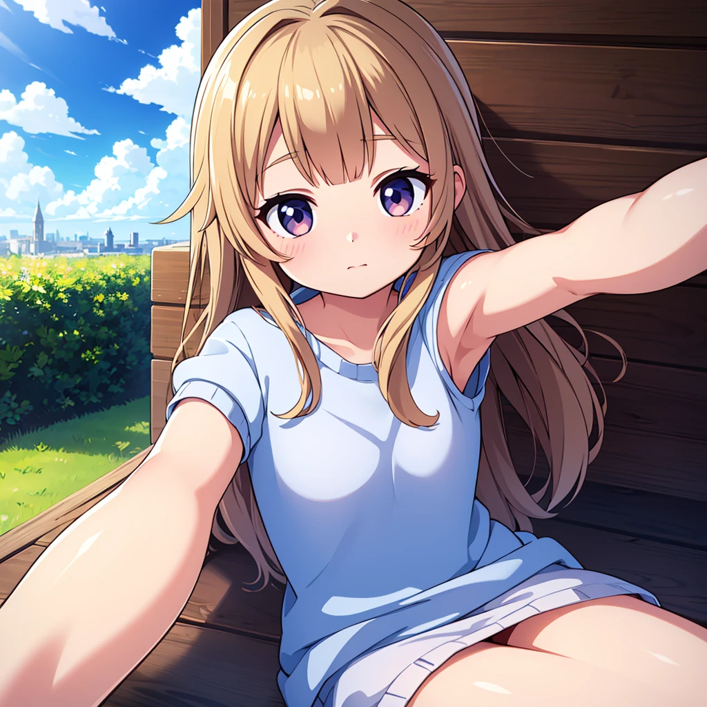 (alone:1.3)), One girl, Highest quality, Genuineistic, Realistic, Highest quality, masterpiece, Very delicate and beautiful, Very detailed, (Selfie:1.2), The finer details, Super detailed, High resolution, Very detailed, Genuineistic, Ultra High resolution, Highest quality, Ultra High resolution, (Genuine:1.4), High-quality texture, Wear a thin white summer knit, On the roof, bangs, Long Hair , Afternoon Light, Wonderful sky and clouds