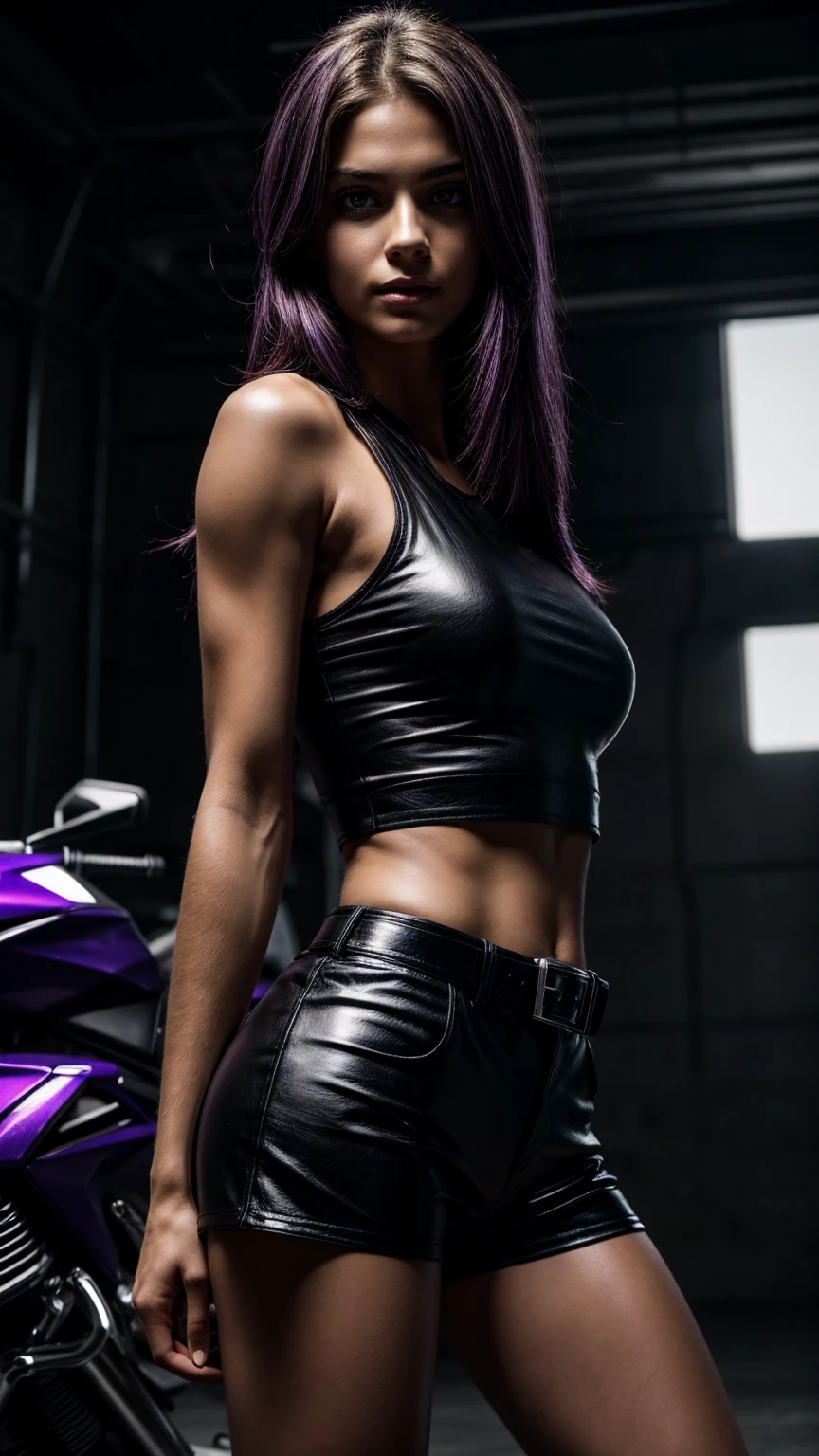 Seductive and confident look. Big arm biceps, visible veins. Folded arms, Long legs. Sweaty Slim teenage european girl. Shiny leather shorts, sneakers, white t-shirt. Motorbike garage. Long purple hair. backlit, smirk, belt, backlit, perfect sultry make-up, cinematic, realistic, high contrast, visually rich,piercing eyes, strong eyeliner, mesmerizing eyes, elegant, graceful, natural beauty, charismatic, versatile, photogenic, very detailed