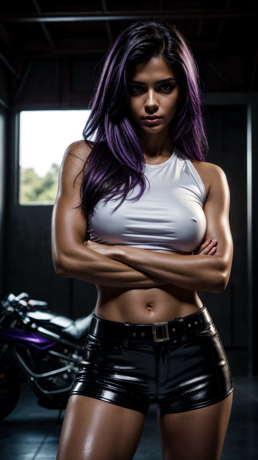 Seductive and confident look. Big arm biceps, visible veins. Folded arms, Long legs. Sweaty Slim teenage european girl. Shiny leather shorts, sneakers, white t-shirt. Motorbike garage. Long purple hair. backlit, smirk, belt, backlit, perfect sultry make-up, cinematic, realistic, high contrast, visually rich,piercing eyes, strong eyeliner, mesmerizing eyes, elegant, graceful, natural beauty, charismatic, versatile, photogenic, very detailed