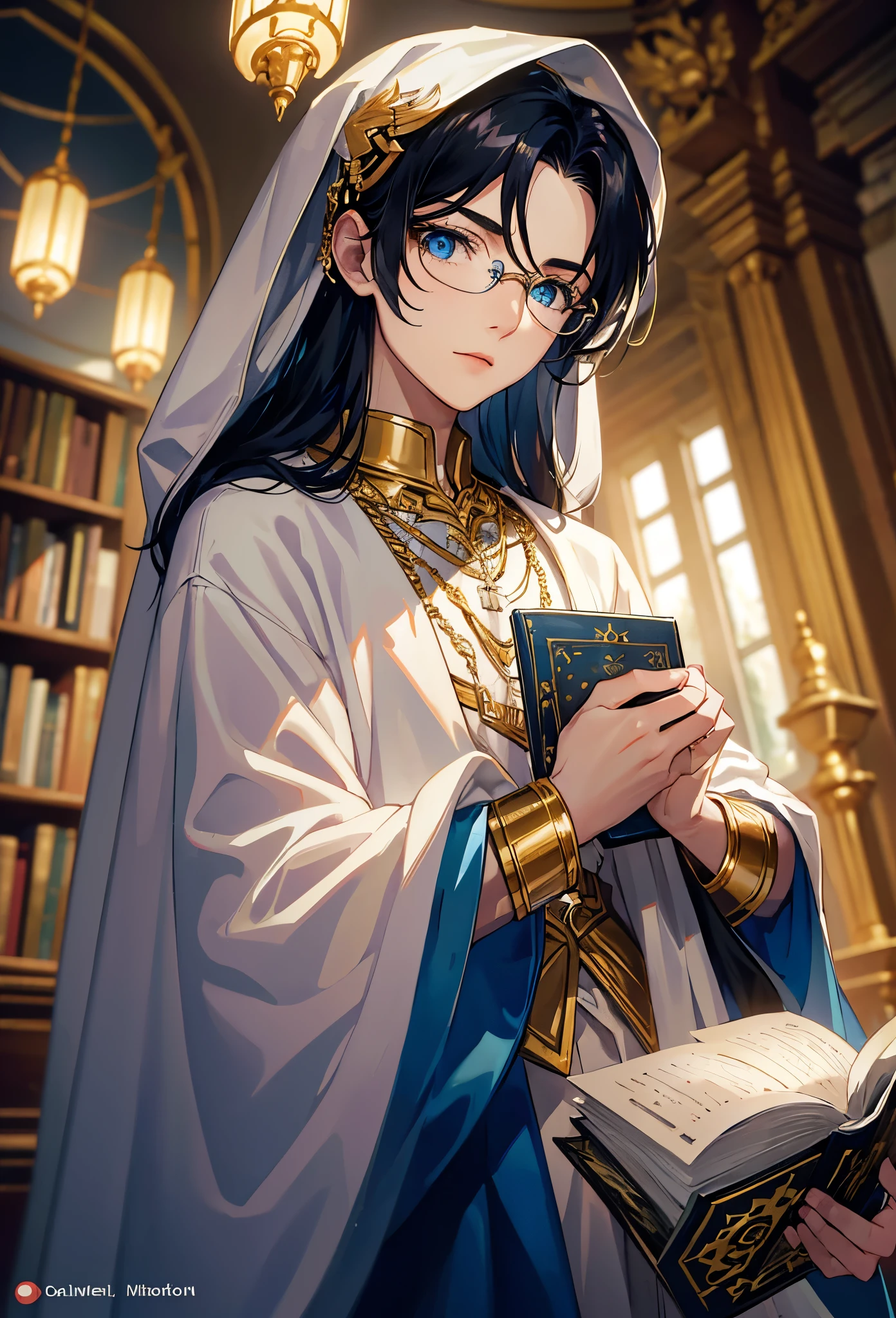 an androgynous boy with long white hair stands inside a large library and holds an open book, the boy is wearing a white cape with blue jewels and gold adornments and glasses, the library is lit by candles and filled with books stacked on the floor, with a large round window in the background showing a big constellation, Perfect lips, symmetrical face, olhos realistas, pele de porcelana, HDR, UHD