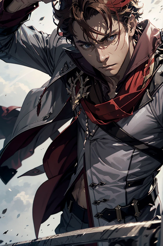 1 male solo, dynamic pose, cinematic shot, orande hair, red mask on side of the head, grey jacket, red scarf, cinematic shot, epic movie poster style, dramatic light, 