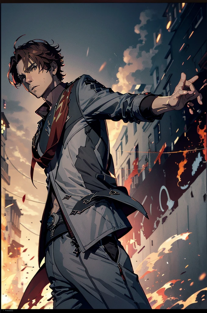 1 male solo, dynamic pose, cinematic shot, orande hair, red mask on side of the head, grey jacket, red scarf, cinematic shot, epic movie poster style, dramatic light,