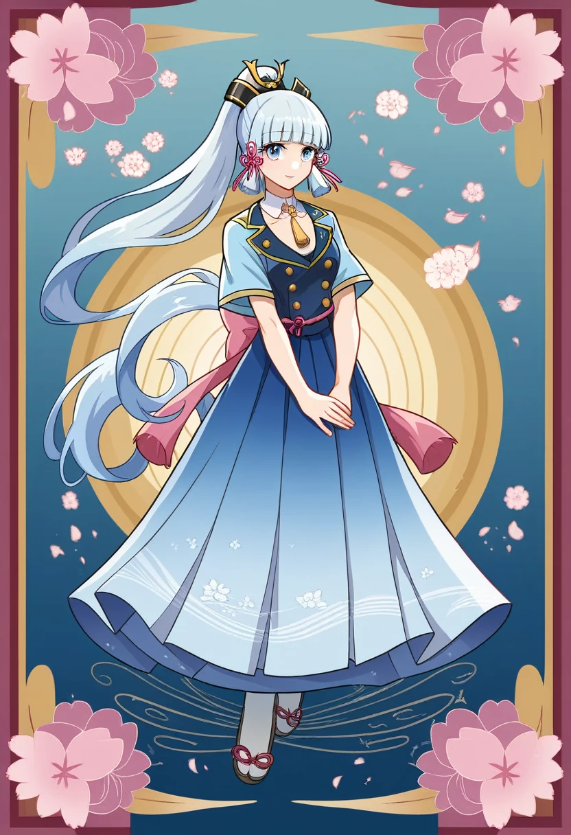(masterpiece), (best quality), (ultra detailed),(disheed hair),(illustration), (1girl), (Fashionable clothing), standing, Fashion model, looking at viewer, (interview), (simple background), beautiful and delicate eyes, delicate beauty, floating, (high saturation), (colorful splash), colorful bubbles, (shine), focus on face, ponytail, Ayaka Kamisato, light blue hair, bangs, hair circle, floating flowers, flowing hair, (shiny), best lighting, best shadow, full body, vista