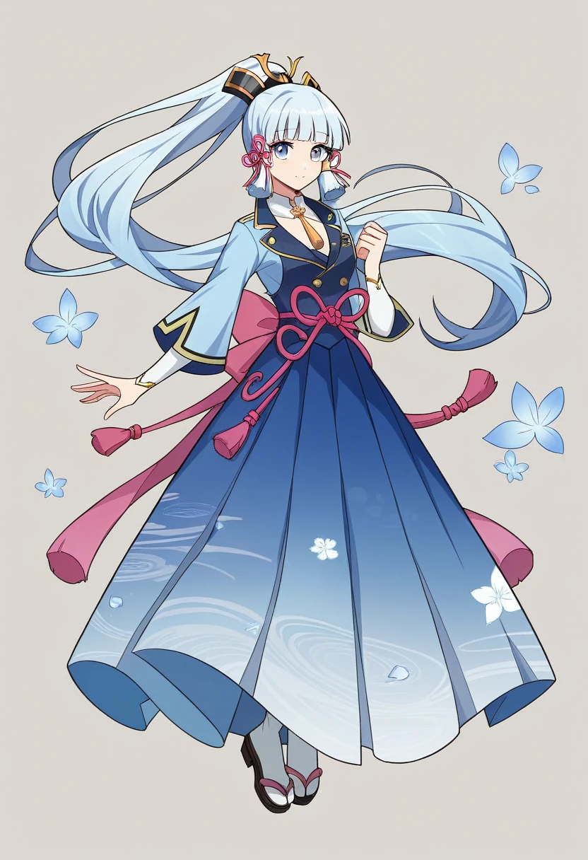 (masterpiece), (best quality), (ultra detailed),(disheed hair),(illustration), (1girl), (Fashionable clothing), standing, Fashion model, looking at viewer, (interview), (simple background), beautiful and delicate eyes, delicate beauty, floating, (high saturation), (colorful splash), colorful bubbles, (shine), focus on face, ponytail, Ayaka Kamisato, light blue hair, bangs, hair circle, floating flowers, flowing hair, (shiny), best lighting, best shadow, full body, vista