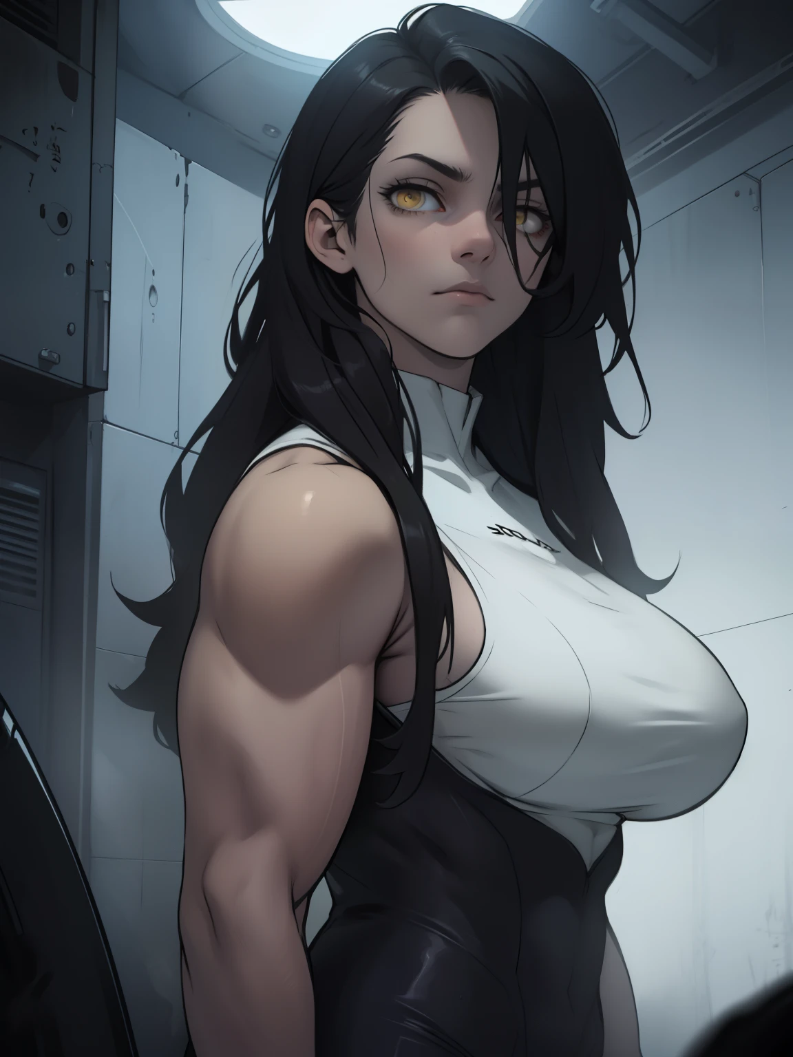 expressionless very long hair pale skin black hair yellow eyes muscular girl thick breasts dark atmosphere somber atmosphere dark atmosphere somber atmosphere thick thick thick