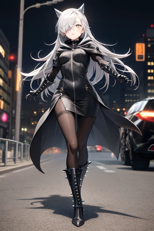 ((best quality)), ((masterpiece)), (detailed), 1 girl, Full body, 18 years old, Depressed face, Silver eyes, One eye, Outstretched arms, Covered eyes, Silver hair, Long hair, Spiky hair, Bangs, Strand of hair covering her eye, Full body, Tall, Athletic, Small breasts, Slim, Gray zippered hood, Metal spikes, Gray wristbands, Long black spiked gloves, Gray gothic dress, Gray dress with metal spikes, Metal emblem, Tight fit, Black belt, Black pantyhose, Black boots, Walking through the city, Metal spikes coming out of the highway, City background, Gray clothes, Superhero, Anime, Plush rabbit in her arms