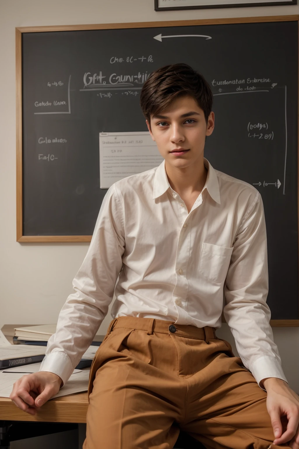 A beautiful young male twink with black hair, wearing a long-sleeved white cotton shirt and brown pants. He is in his office, sitting at a desk and studying with a general medicine book. Behind him is a blackboard with calculus written on it. He looks on proudly, and he has a face with reddish makeup.