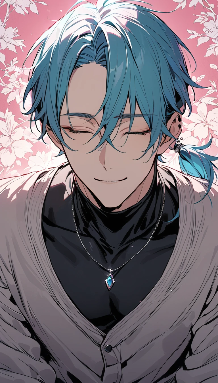 ((((best masterpiece, best quality, wallpaper,)))) solo, guy, male body, small muscles, flat chest, 1male, 30 years old, handsome man, upper body, looking at viewers, beautiful detailed, seductive smile, mediumturquoise hair, ((((Lower short ponytail)))), asymmetrical bangs, ((short hair,)) (((light smile, closed eyes, tareme, droopy eyes,))) (((perfect face,))) perfect hands, sharp nose, clear face, black turtleneck, grey cardigan, ((silver piercing, pendant,)) leggings, pink background color ultrasharp, 8K, masterpiece,