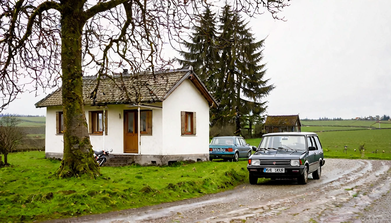 small isolated house, several cars parked in front, quiet day
