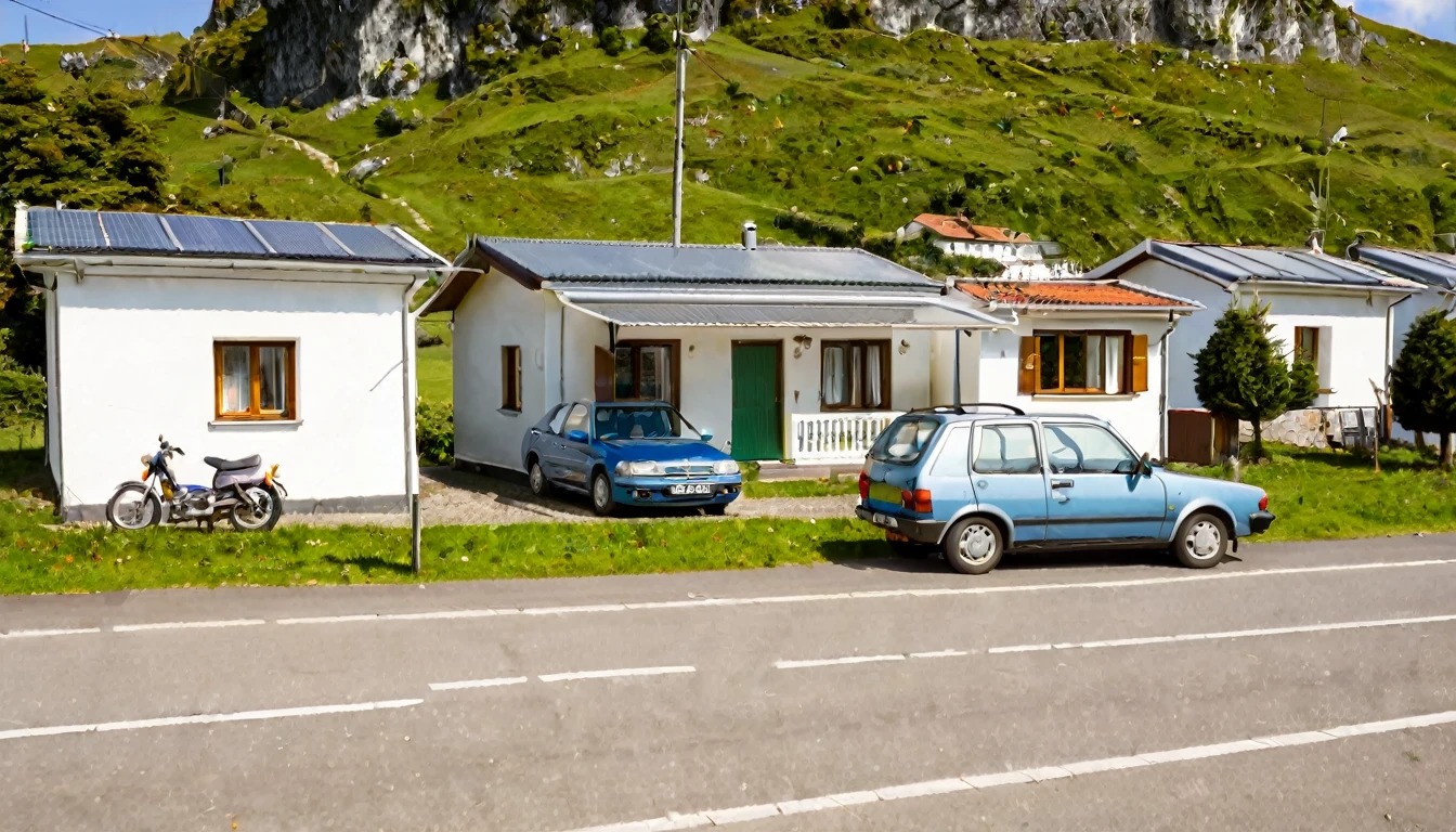 small isolated house, several cars parked in front, quiet day