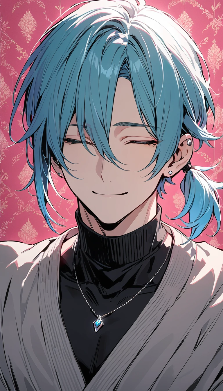 ((((best masterpiece, best quality, wallpaper,)))) solo, guy, male body, small muscles, flat chest, 1male, 30 years old, handsome man, upper body, looking at viewers, beautiful detailed, seductive smile, mediumturquoise hair, ((((Lower short ponytail)))), asymmetrical bangs, ((short hair,)) (((light smile, closed eyes, tareme, droopy eyes,))) (((perfect face,))) perfect hands, sharp nose, clear face, black turtleneck, grey cardigan, ((silver piercing, pendant,)) leggings, pink background color ultrasharp, 8K, masterpiece,