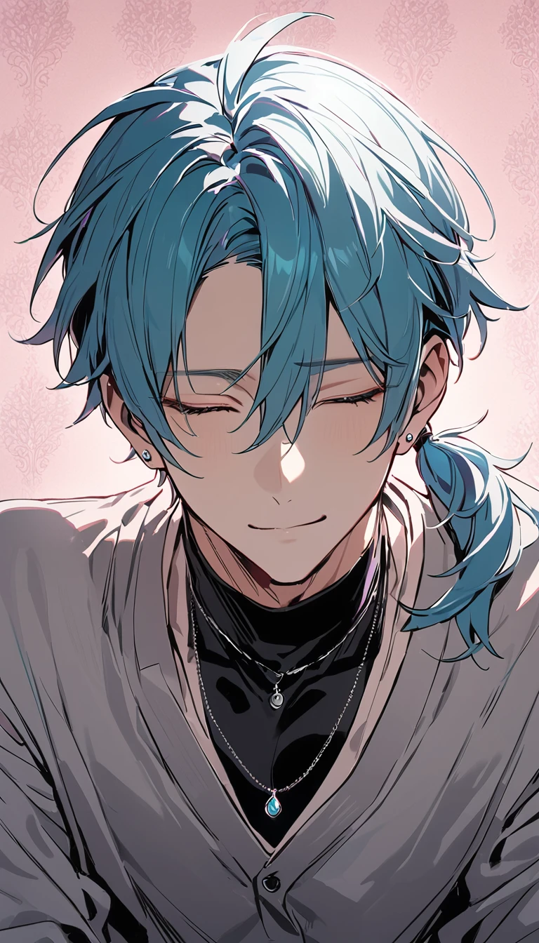 ((((best masterpiece, best quality, wallpaper,)))) solo, guy, male body, small muscles, flat chest, 1male, 30 years old, handsome man, upper body, looking at viewers, beautiful detailed, seductive smile, mediumturquoise hair, ((((Lower short ponytail)))), asymmetrical bangs, ((short hair,)) (((light smile, closed eyes, tareme, droopy eyes,))) (((perfect face,))) perfect hands, sharp nose, clear face, black turtleneck, grey cardigan, ((silver piercing, pendant,)) leggings, pink background color ultrasharp, 8K, masterpiece,