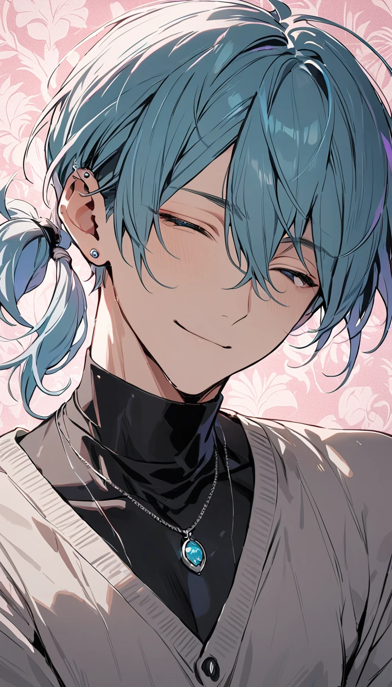 ((((best masterpiece, best quality, wallpaper,)))) solo, guy, male body, small muscles, flat chest, 1male, 30 years old, handsome man, upper body, looking at viewers, beautiful detailed, seductive smile, mediumturquoise hair, ((((Lower short ponytail)))), asymmetrical bangs, ((short hair,)) (((light smile, closed eyes, tareme, droopy eyes,))) (((perfect face,))) perfect hands, sharp nose, clear face, black turtleneck, grey cardigan, ((silver piercing, pendant,)) leggings, pink background color ultrasharp, 8K, masterpiece,