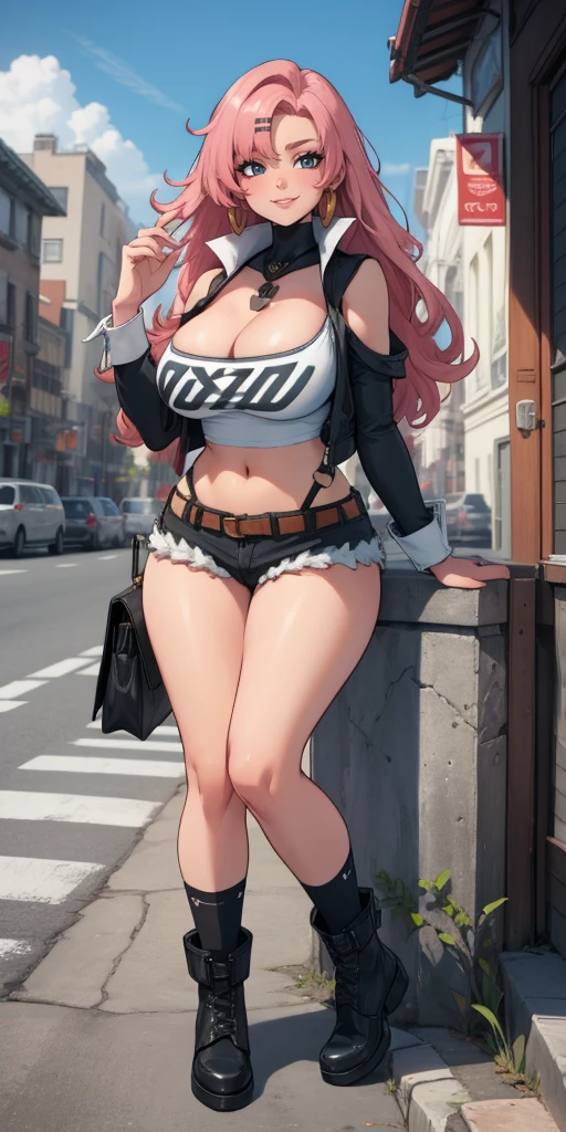 Nicole starts Style, 8K, High resolution, Ureal engine, super high quality, Big Tits Beautiful Women, Green Eyes, standing, showing the side, she is standing sideways to the viewer , cross-legged, White VT shirt, black Shorts , Long chest,Detailed and realistic starting outfit style, Pink Hair, body,Nicole starts, Hair Clip, Long Hair, pretentious smile, smile, Thighs, boots, Cleavage, Short shorts, Shorts, knee-length sune, One-legged socks, One leg height, socks, Thighs strap, Thighs, Outdoor, city, zero, cloud, sun, building, (artwork:1.2), Better Quality, high resunution, (Beautiful and fine details:1.6), Highly detailed face, Perfect lighting,, (Perfect hands, Perfect Anatomy),