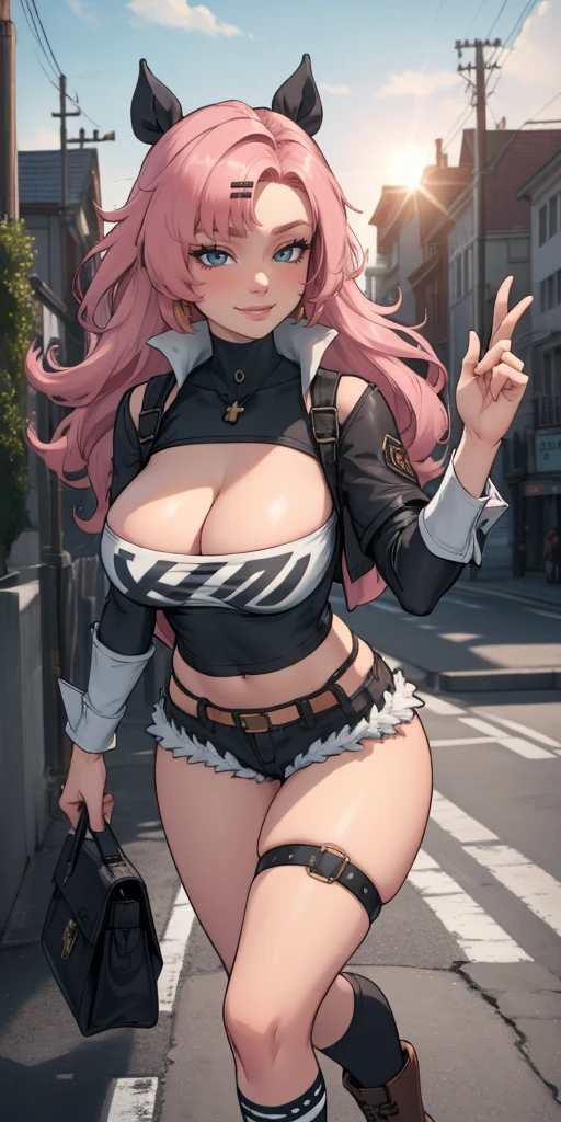 Nicole starts Style, 8K, High resolution, Ureal engine, super high quality, Big Tits Beautiful Women, Green Eyes, standing, showing the side, she is standing sideways to the viewer , cross-legged, White VT shirt, black Shorts , Long chest,Detailed and realistic starting outfit style, Pink Hair, body,Nicole starts, Hair Clip, Long Hair,  pretentious smile, smile,  Thighs, boots, Cleavage, Short shorts, Shorts, knee-length sune, One-legged socks, One leg height, socks, Thighs strap, Thighs,  Outdoor, city, zero, cloud, sun, building, (artwork:1.2), Better Quality, high resunution, (Beautiful and fine details:1.6), Highly detailed face, Perfect lighting,, (Perfect hands, Perfect Anatomy),
