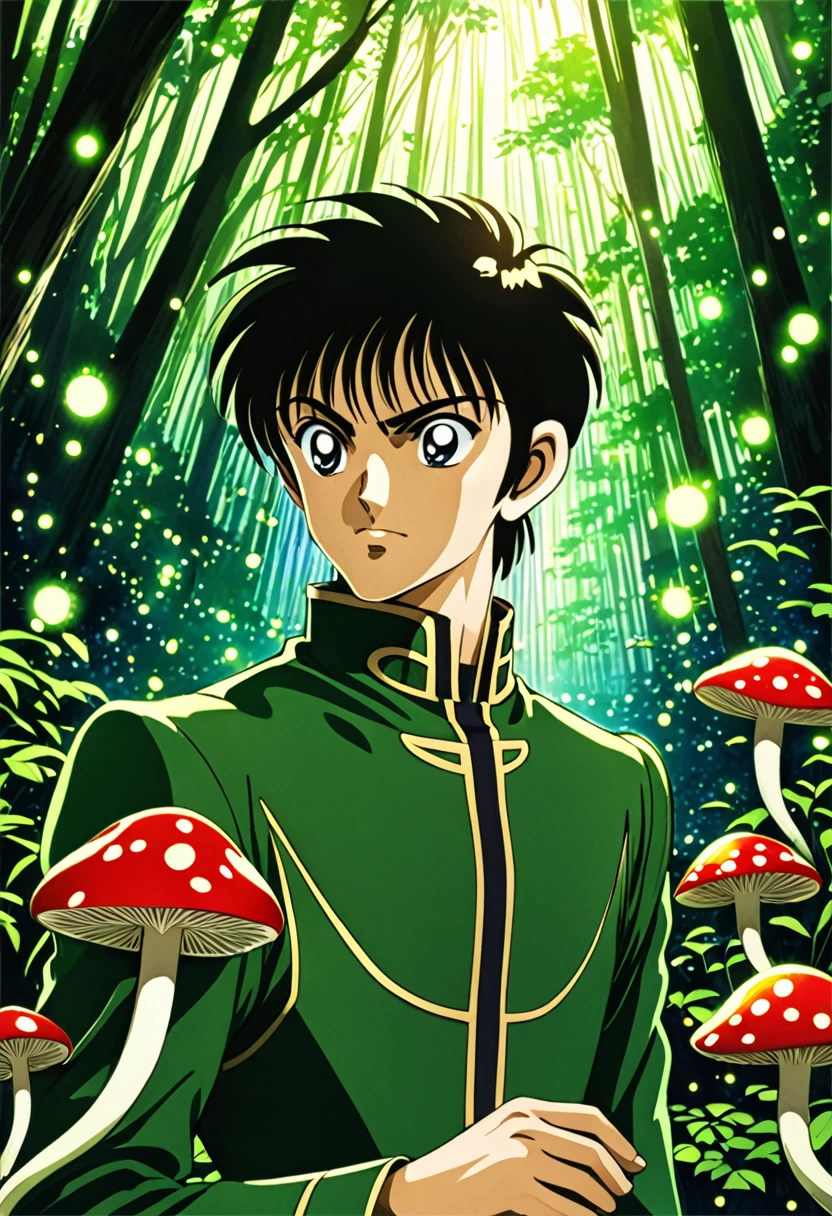 "Create a detailed fantasy close-up artwork of a boy in an enchanted forest in the art style of Code Geass. His spiky, tousled hair should frame his face, and his eyes should be large and expressive, capturing a sense of wonder. He should wear a sleek, stylish outfit with intricate patterns, reminiscent of the character designs in Code Geass. In the background, hints of a dense, vibrant forest with glowing mushrooms and sparkling fireflies should be visible. Soft rays of sunlight should filter through, casting a magical, dappled light on his face. The overall atmosphere should be mystical and captivating, with bold lines and vivid colors typical of the anime's aesthetic."