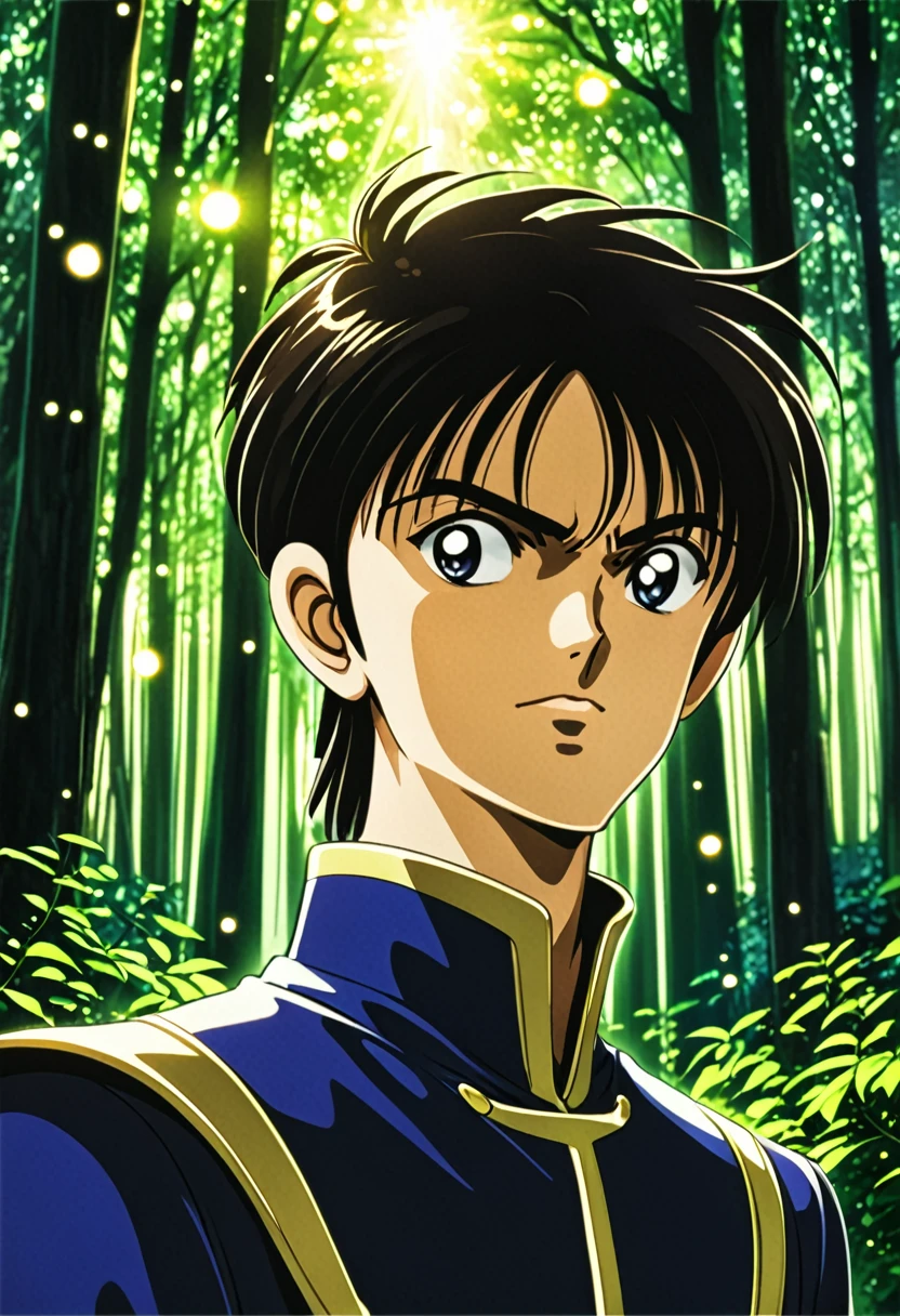 "Create a detailed fantasy close-up artwork of a boy in an enchanted forest in the art style of Code Geass. His spiky, tousled hair should frame his face, and his eyes should be large and expressive, capturing a sense of wonder. He should wear a sleek, stylish outfit with intricate patterns, reminiscent of the character designs in Code Geass. In the background, hints of a dense, vibrant forest with glowing mushrooms and sparkling fireflies should be visible. Soft rays of sunlight should filter through, casting a magical, dappled light on his face. The overall atmosphere should be mystical and captivating, with bold lines and vivid colors typical of the anime's aesthetic."