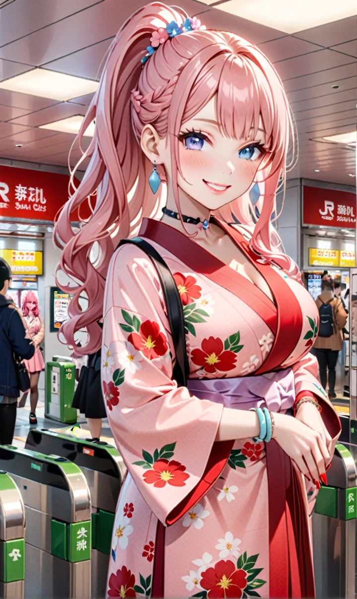 ultra-detailed, ((one girl)), (pale skin:1.4), in pastel colors gyaru, (heavy makeup), (professional lighting) hyper detailed, absurdres, 8K, Beautiful Face, (Laugh shyly), ((teasing smile:1.8)), ((Wink:1.7)), (Laugh with your mouth wide open),((Tilt your face:1.6)), View your viewers, ((Bright red cheeks:1.6)),Glossy Red Lips, ((Big Breasts:1.5)), ((undressing:1.2)), noon, Getting off the train , ((Anime style background)),masterpiece, Highest quality, so beautiful,Latest, Complex details, (Pink long nails), (nail art), (ring),(bracelet), (Floral Choker),AI-generated, Complex,High resolution, Highest quality, super high quality,3D Images、3D Images,One person,Pastel pink long hair,(High Ponytail), (wavy hair:1.3), Pastel anime woman posing for a photo, ((Fine grain、blue eyes、glowing eyes:1.4)), (Squint your eyes:1.1),a hyperRealistic , hyperRealistic , Realistic,Anime woman with long pastel pink hair, Smooth anime CG art, A girl in a gorgeous pastel-colored kimono, ((Pastel-colored furisode)),(Pink large floral pattern), Long flower hair ornament,Floral Earrings,Mature Body, tall,Narrow waist, ((look back:1.3)),((Reaching out:1.6)),