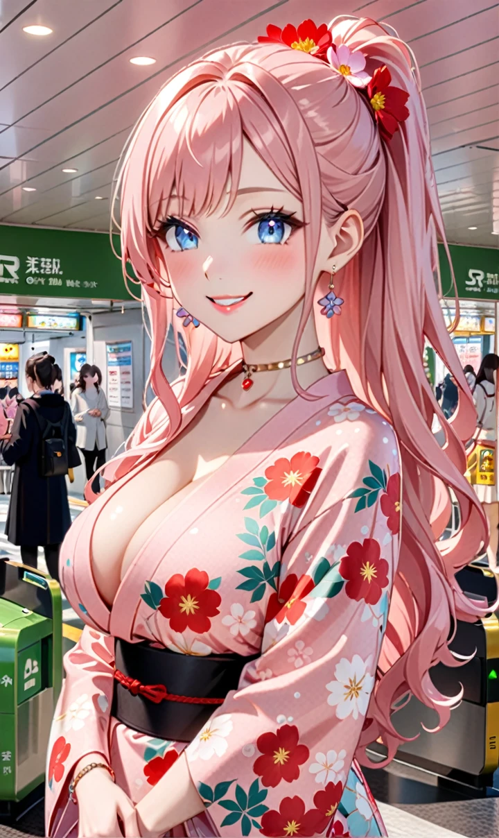 ultra-detailed, ((one girl)), (pale skin:1.4), in pastel colors gyaru, (heavy makeup), (professional lighting) hyper detailed, absurdres, 8K, Beautiful Face, (Laugh shyly), ((teasing smile:1.8)), ((Wink:1.7)), (Laugh with your mouth wide open),((Tilt your face:1.6)), View your viewers, ((Bright red cheeks:1.6)),Glossy Red Lips, ((Big Breasts:1.5)), ((undressing:1.2)), noon, Station ticket gates , ((Anime style background)),masterpiece, Highest quality, so beautiful,Latest, Complex details, (Pink long nails), (nail art), (ring),(bracelet), (Floral Choker),AI-generated, Complex,High resolution, Highest quality, super high quality,3D Images、3D Images,One person,Pastel pink long hair,(High Ponytail), (wavy hair:1.3), Pastel anime woman posing for a photo, ((Fine grain、blue eyes、glowing eyes:1.4)), (Squint your eyes:1.1),a hyperRealistic , hyperRealistic , Realistic,Anime woman with long pastel pink hair, Smooth anime CG art, A girl in a gorgeous pastel-colored kimono, ((Pastel-colored furisode)),(Pink large floral pattern), Long flower hair ornament,Floral Earrings,Mature Body, tall,Narrow waist,((from side)),