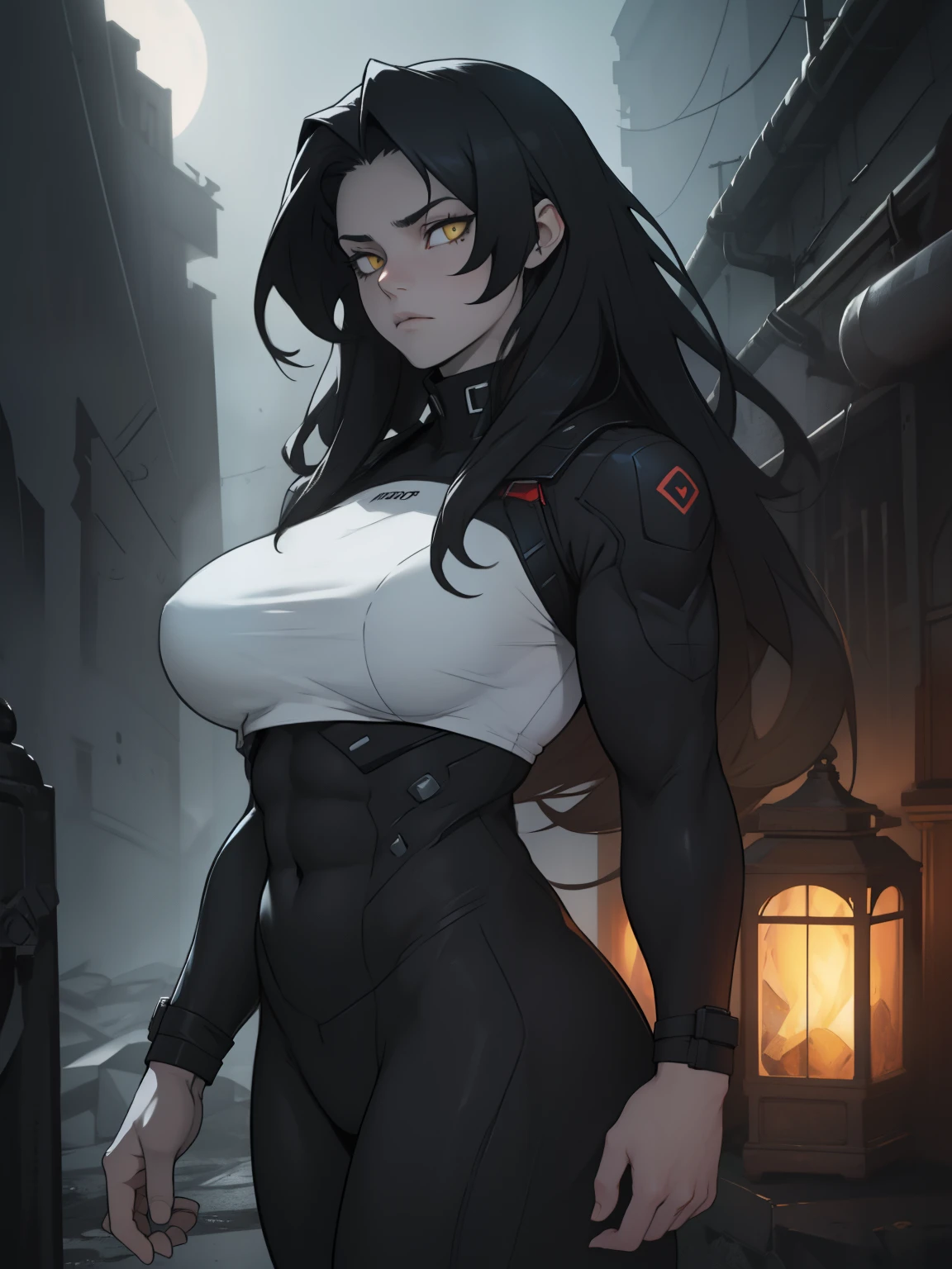 massive breasts muscular girl thick thick thick pale skin black hair yellow eyes very long hair long straight hair sad expressionless