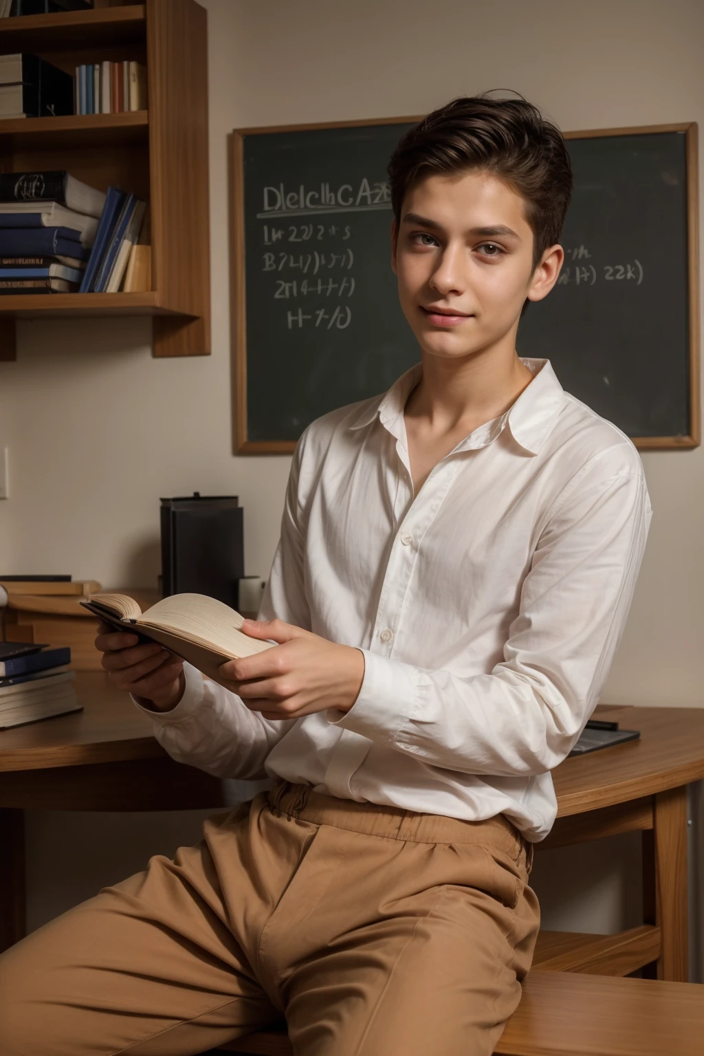 A beautiful young male twink with black hair, wearing a long-sleeved white cotton shirt and brown pants. He is in his office, sitting at a desk and studying with a general medicine book. Behind him is a blackboard with calculus written on it. He looks on proudly, and he has a face with reddish makeup.