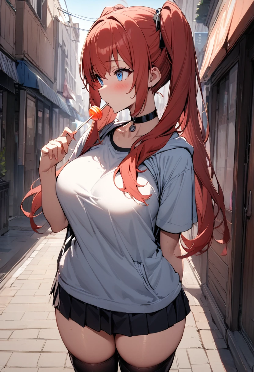Masterpiece, 1girl, twin tails, long hair, red hair, blue eyes, light blush, lollipop in mouth, sucking a lollipop, choker, tshirts, tight tshirts, hoodie, open hoodie, big breasts, , thighs, thighhighs boots, sunshine, standing, looking away, on the streets, cowboy shot