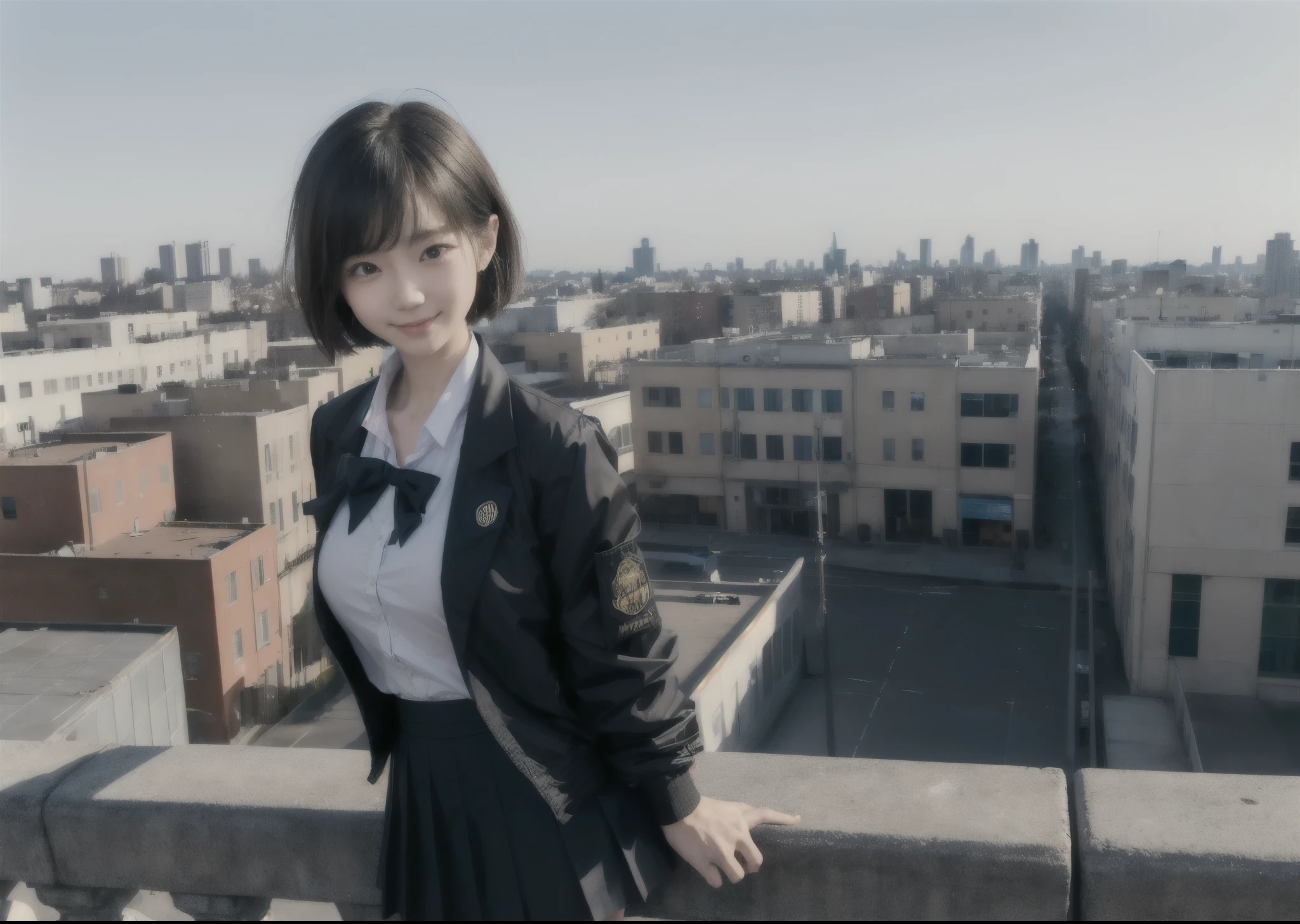 (masterpiece, best quality,extreme detAIled beautiful Eye), Optimal lighting, Perfect lighting,Look at the audience, (1 girl, Solitary,sky, City:1.3),NanasakiAI,Nanasaki_AI,
(whole body,Dynamic Angle,Dynamic poses,Smile,shining_Eye:1.2),(long_sleeve,Black_jacket,jacket,School_,Gibito_High target_School_:1.2),
(short_hAIr,Large target_breast,clavicle:1.2),Black_bow tie,Black_skirt,Wrinkles_skirt,White_shirt