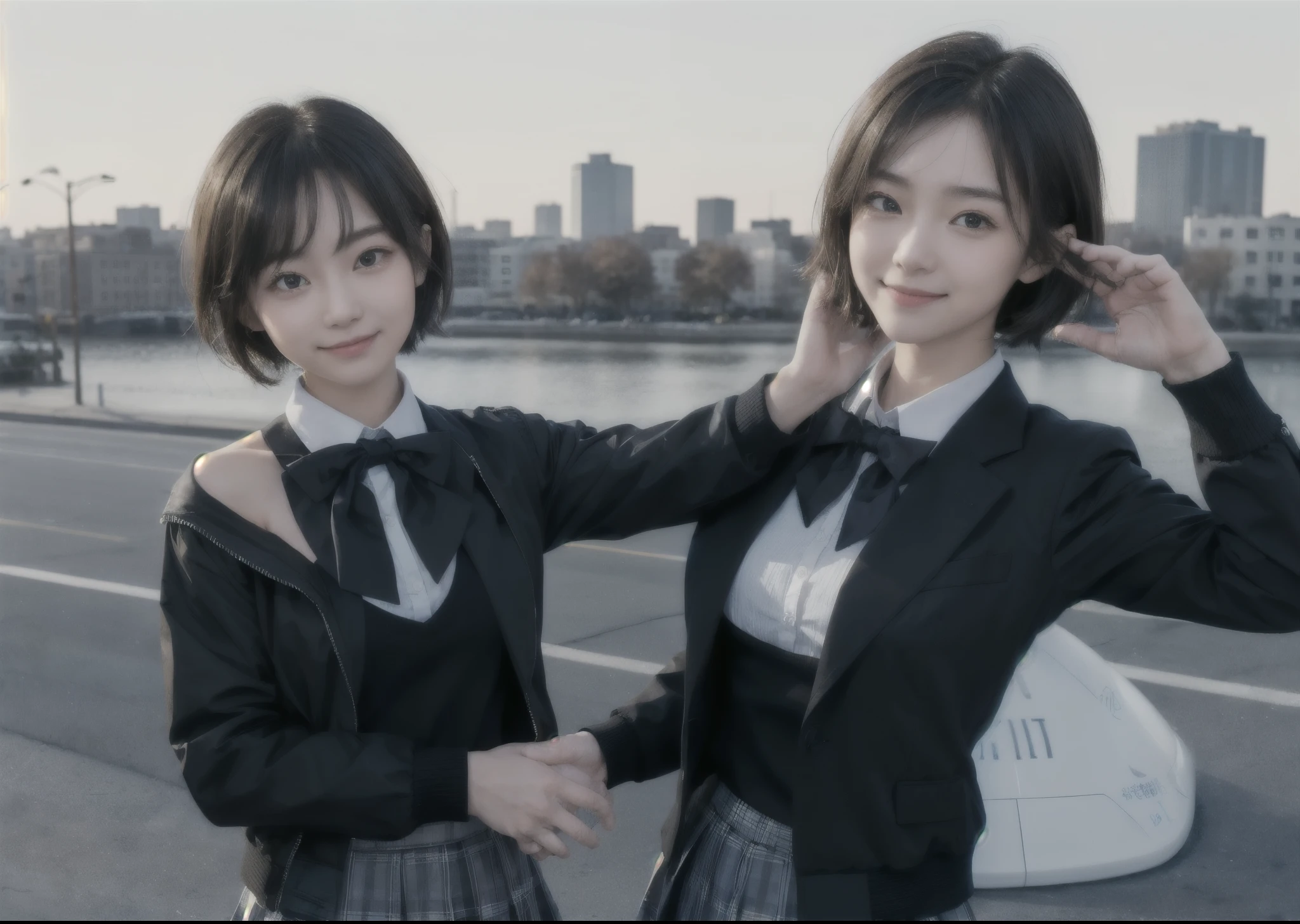 (masterpiece, best quality,extreme detAIled beautiful Eye), Optimal lighting, Perfect lighting,Look at the audience, (1 girl, Solitary,sky, City:1.3),NanasakiAI,Nanasaki_AI,
(whole body,Dynamic Angle,Dynamic poses,Smile,shining_Eye:1.2),(long_sleeve,Black_jacket,jacket,School_,Gibito_High target_School_:1.2),
(short_hAIr,Large target_breast,clavicle:1.2),Black_bow tie,Black_skirt,Wrinkles_skirt,White_shirt