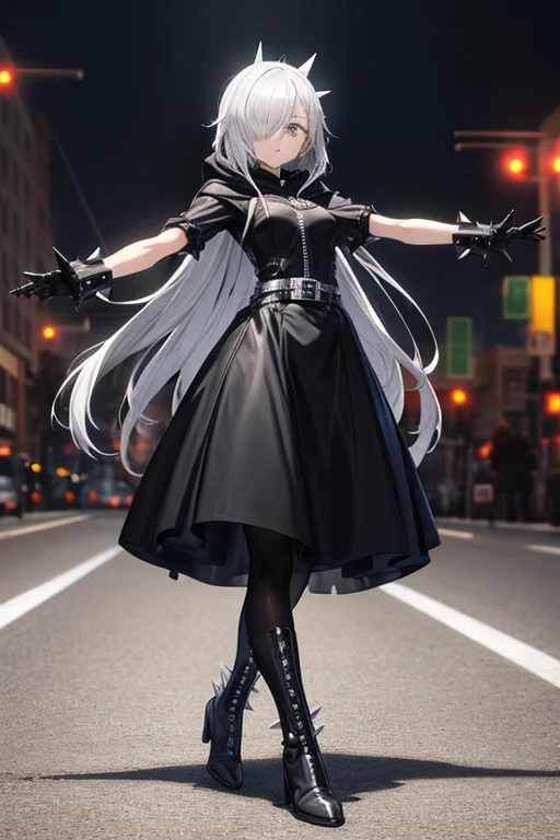 ((best quality)), ((masterpiece)), (detailed), 1 girl, Full body, 18 years old, Depressed face, Silver eyes, One eye, Outstretched arms, Covered eyes, Silver hair, Long hair, Spiky hair, Bangs, Strand of hair covering her eye, Full body, Tall, Athletic, Small breasts, Slim, Gray zippered hood, Metal spikes, Gray wristbands, Long black spiked gloves, Gray gothic lolita dress, Gray dress with metal spikes, Metal emblem, Tight fit, Black belt, Black pantyhose, Black boots, Walking through the city, Metal spikes coming out of the highway, City background, Gray clothes, Superhero, Anime, Plush rabbit in her arms