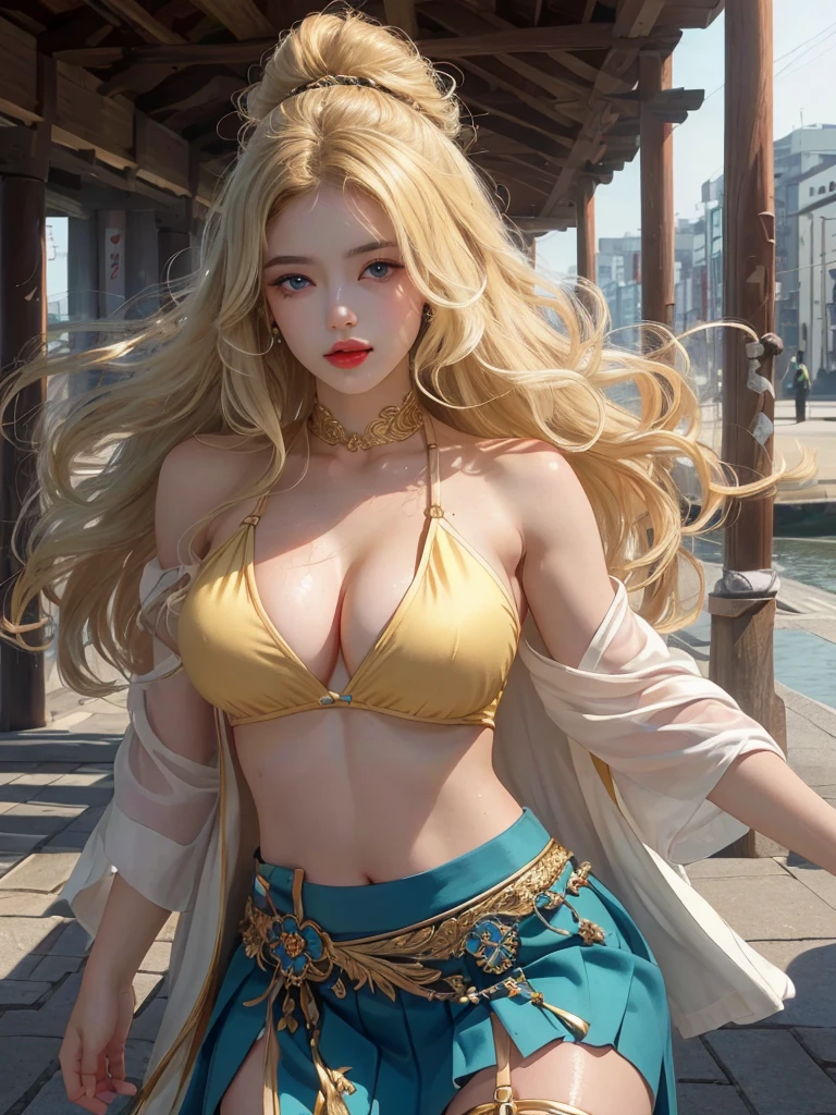 Full body Japanese anime style photo of light skinned woman, Curvilinear body,body detailed, linda, dazzling, sensuous, Beautiful woman.
Ela tem rosto perfeito
Ela tem breasts big(breasts big:1.4).
Ela tem big-ass(big-ass:1.4), hips up, thick-thighs, Broad Hips, Wide buttock.
She has delicate and detailed fingers,,human hand,(face detailed)
She has long legs, wet legs.
Ela tem pele Ablaze e Ablaze:1.5,pele Ablaze: 1.5, pele Ablaze, pele muito Ablaze,corpo Ablaze, pele Ablaze exagerada.
She has beautiful blue eyes full of light and beautiful details, perfects eyes, upturned eyes:1.3,beautiful detailed eyes,Beautiful, detailed eyes:1, big highlight on eyes:1.2,Oblique eyes.
she has blond hair,(hair blonde:1.35) long hair, wavy, vibrant, soft, Ablaze,
She has rosy lips and cheeks.
She wears a short pleated Japanese style skirt. The skirt is translucent and iridescent blue decorated in gold, Ablazes e dazzlings cores vivas.
She wears a black garter belt.
She wears an underboob style top with her belly showing.
Camera captures full body portrait,(solo 1girl) full shot, sexy pose with your skirt and your hair a little lifted in the wind breeze.
Background scene is in the city of ancient Japan.