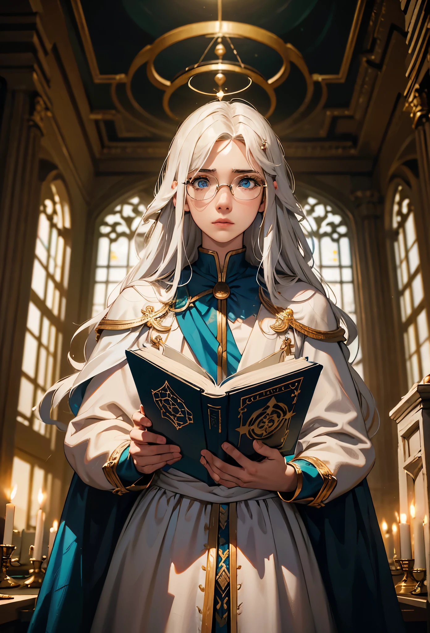 an androgynous boy with long white hair stands inside a large library and holds an open book, the boy is wearing a white cape with blue jewels and gold adornments and glasses, the library is lit by candles and filled with books stacked on the floor, with a large round window in the background showing a big constellation, Perfect lips, symmetrical face, olhos realistas, pele de porcelana, HDR, UHD