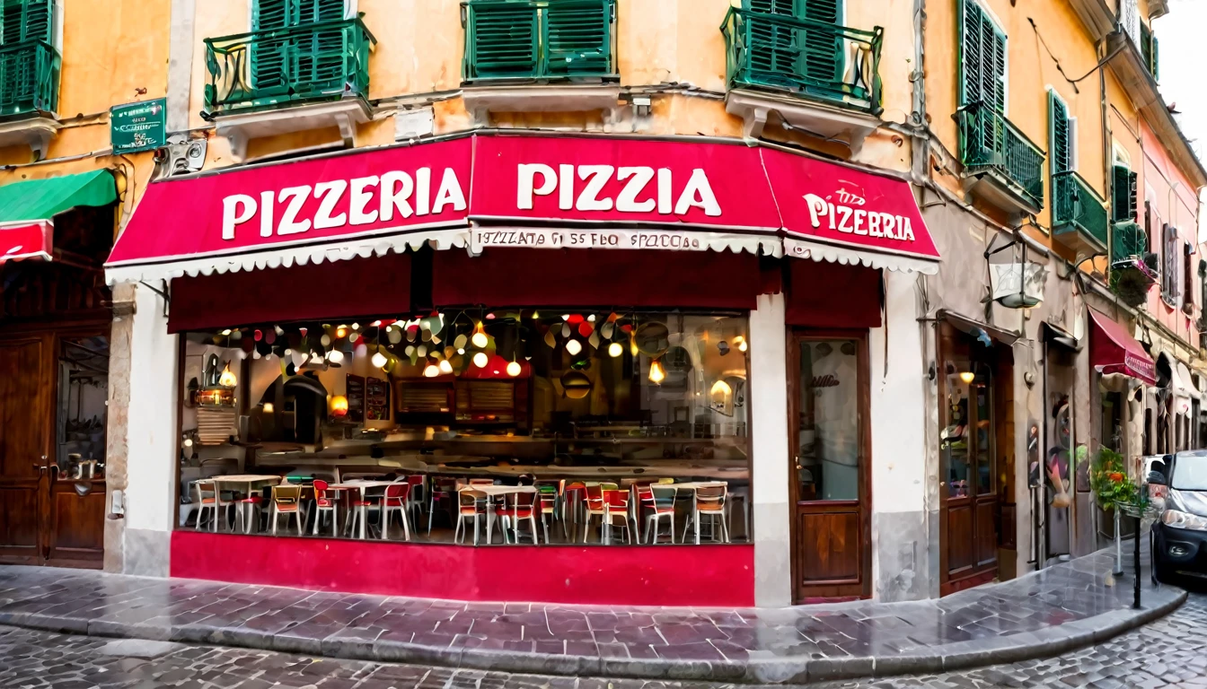 first person view, pizzeria facade, daytime, no people in the place