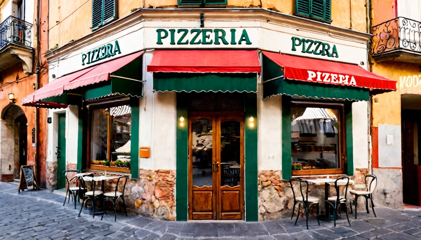 first person view, pizzeria facade, daytime, no people in the place