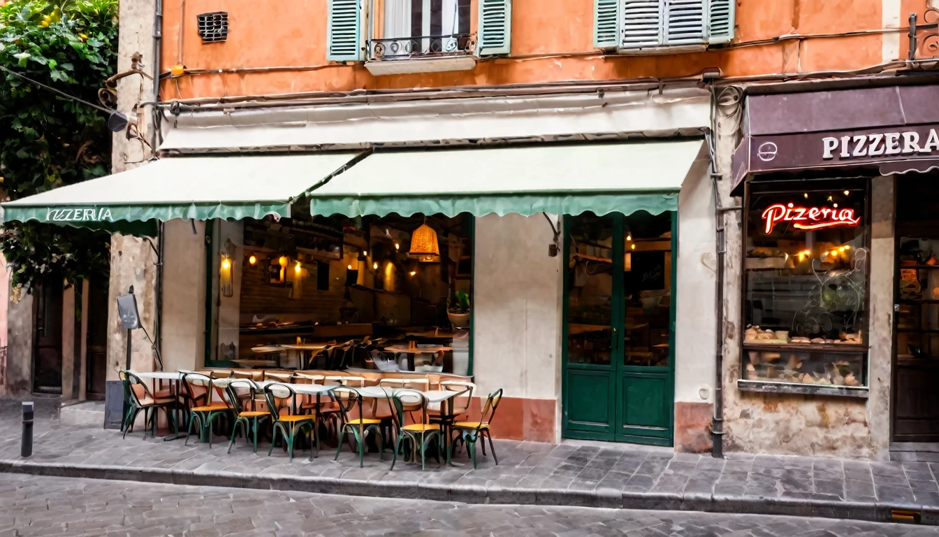 first person view, pizzeria facade, daytime, no people in the place