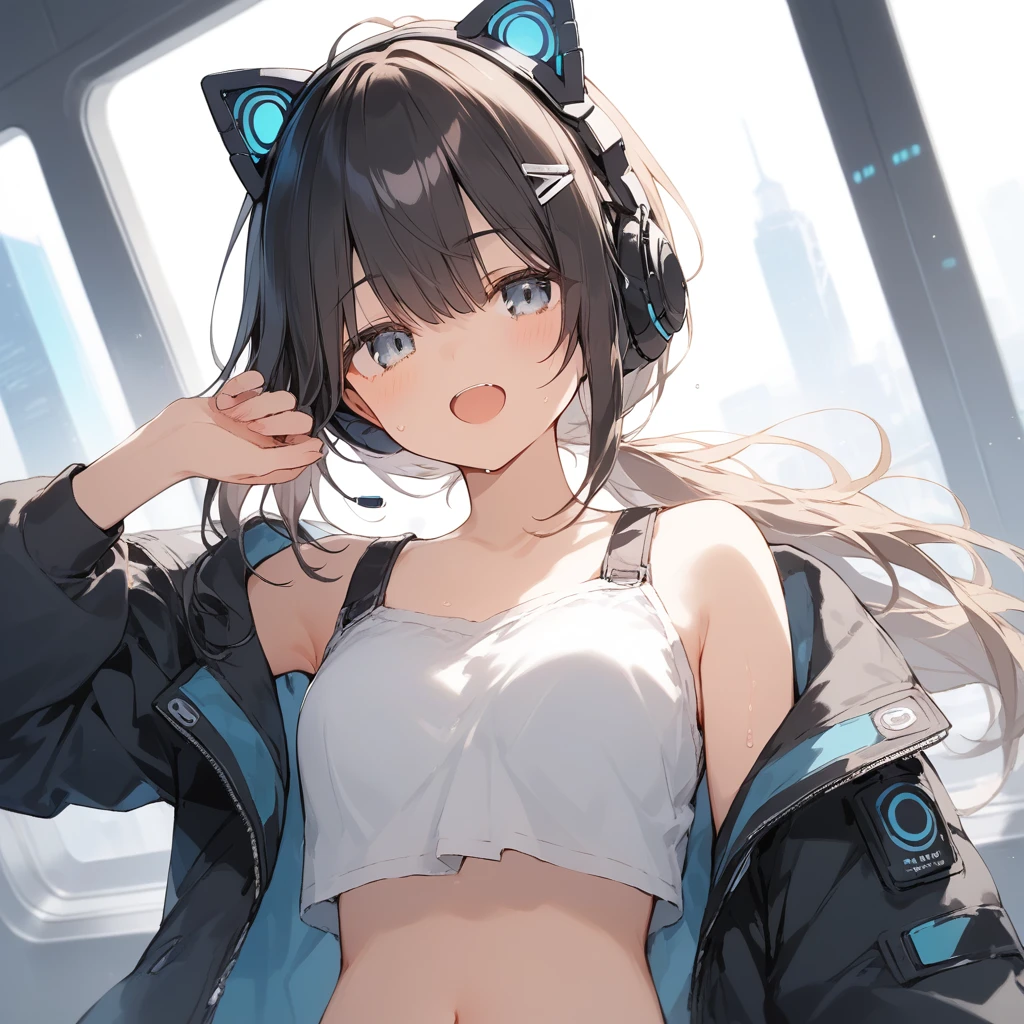 score_9, score_8_up, score_7_up, source_anime, best quality, masterpiece, official art, absurdres, highres, ultra-detailed,waifu2x,Collection: Slice of Life,break,1girl, cyborg girl, briliant azure eyes, 16yo, crop top cyborg armor, futuristic headset, futuristic tech, mindcontrol device installed on head, tomboy, tanned-skinned female, short hair, low ponytail, futuristic virtual realisty headset covering eyes, beautiful detailed eyes, sweat, open mouth, (yawn:0.3), sleepily, standing, futuristic city, wind, break, from bellow, ((show belly)), ((show upper legs)), (sexy pose), (clear line illustration:1.2),very high resolution, very aesthetic, super detailed skin, Best sexual lighting powered by famous artist, 8k,cute picture,beauty illustration,photoshop_(medium),,(Detailed Lighting),best anime 8k konachan wallpaper, pixiv contest winner,