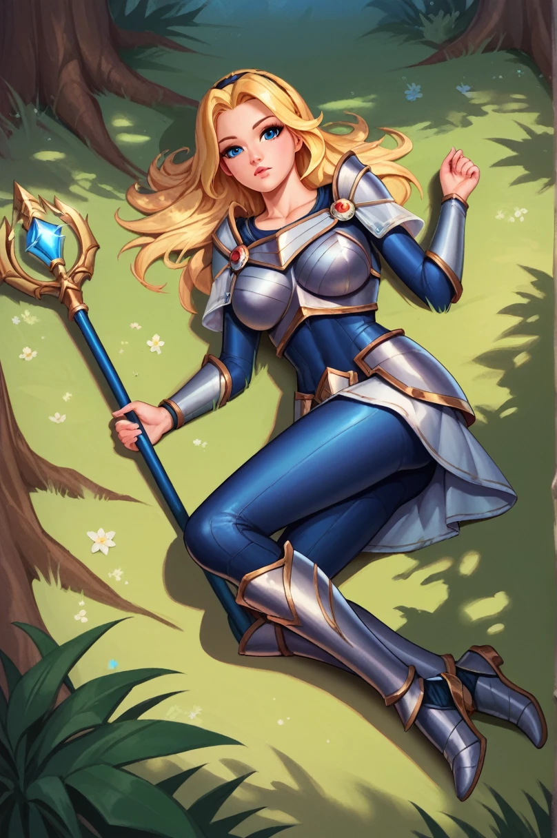 score_9, score_8_up, score_7_up, score_6_up, score_5_up, score_4_up, LuxLoLXL, blue eyes, blonde hair, long hair, hairband, big breasts, collarbone, shoulder armor, armor, blue bodysuit, breastplate, long sleeves, faulds, skirt, blue pants, armored boots, holding staff, solo, full body, looking at viewer, forest, tree ,asleep on the floor,lying down, fainted, lost look

