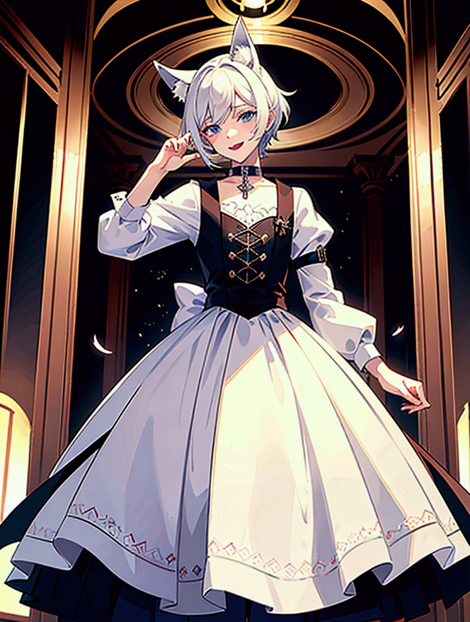young male teenager, white hair, blue eyes, crossdress, wearing a dog collar, dog ears, sticking tongue out, embarassed, prince dress