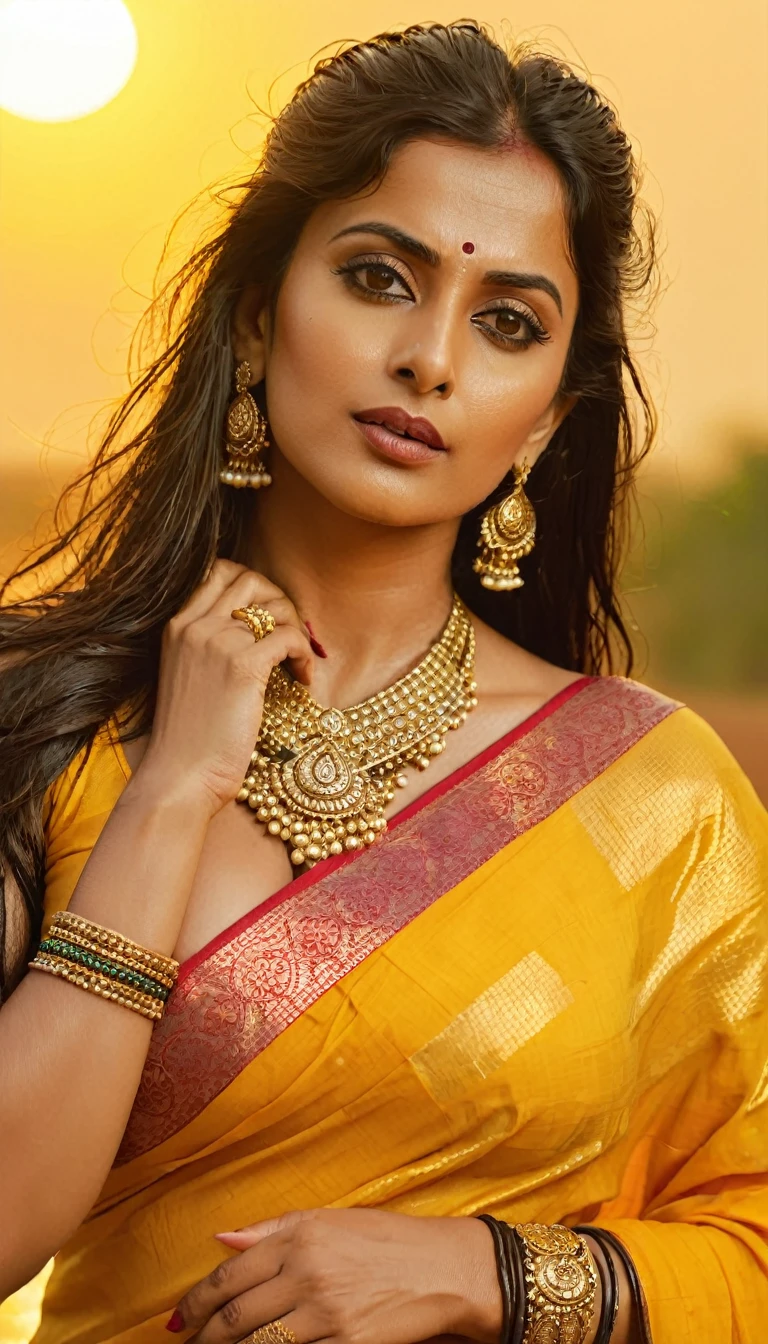 a Portrait of Indian women, wearing (( traditional saree )), 35 year old, perfect Indian woman, long stylish hair, wet hair, seductive, ((big breasts and cleavage)) , wet lips, with a yellow background and, 1woman, bracelet, brown_hair, jewelry, letterboxed, lips, long_hair, makeup, big_breasts, midriff, nail_polish, navel, nose, orange_sky, realistic, solo, sun, sunset, yellow_background, yellow_sky, beautiful detailed glow, detailed, Cinematic light, intricate detail, highres, detailed facial features, high detail, sharp focus, smooth, aesthetic, extremely detailed, stamp, octane render,