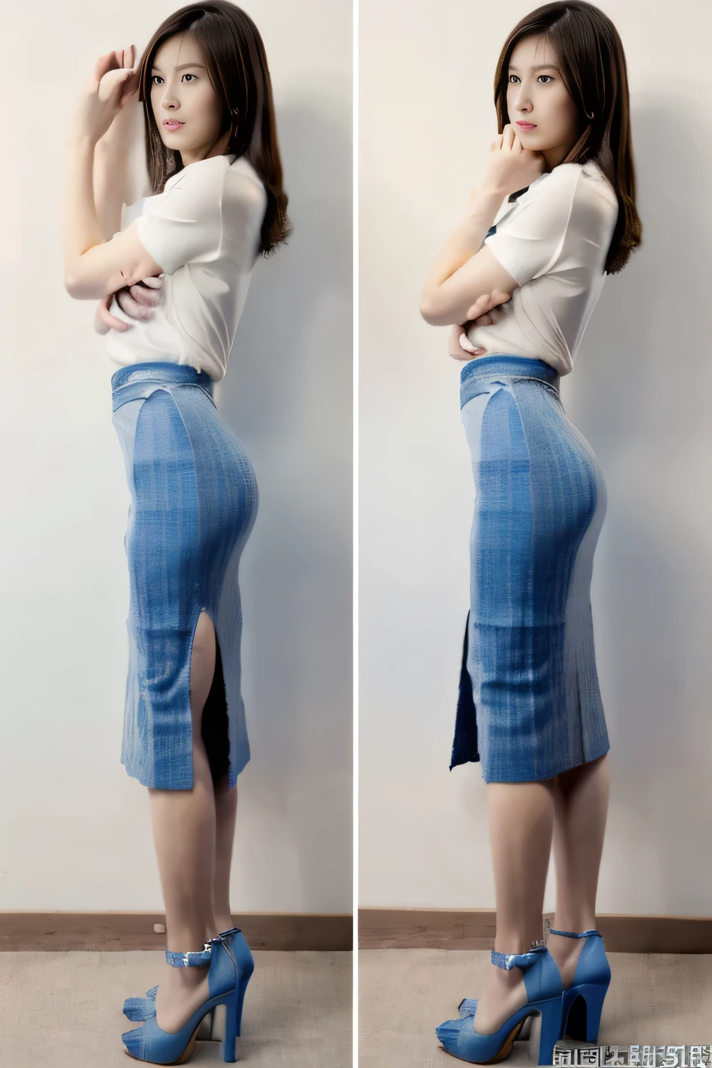 (dakimakura,2strips,left is from front,right is from behind,full_body:1.4), (超High resolution, masterpiece, Anatomically correct, Super detailed, Highest quality, High resolution, 8K:1.2), One Japanese woman、30 years old, A slender wife, White T-shirt BREAK (Blue maxi pencil skirt:1.2), High heels, (Medium sized big breasts, Slim figure:1.1),Blonde Hair, Wavy Hair, Long Hair, View your viewers:1.2, Detailed eyes、Detailed face、