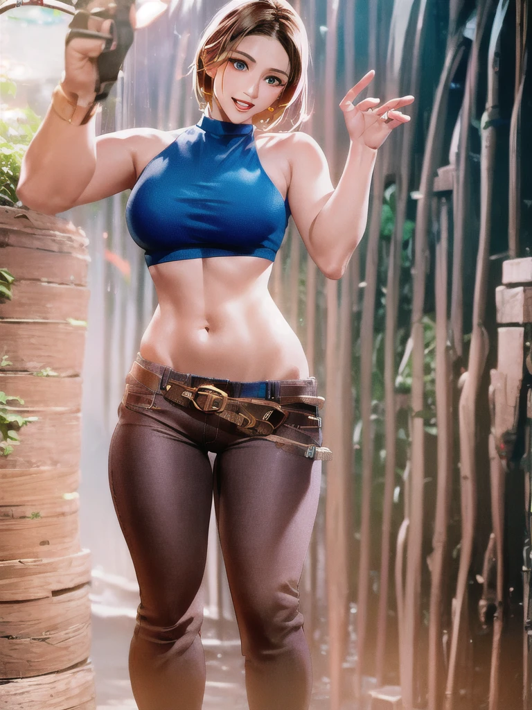 30 year old woman, alone, athletic, by the semi-cut ruby, she is wearing a tight red crop top, he wears blue jogger pants, has two belts, one small and the other a large belt hanging from his brown waist., wears blue fingerless gloves , he wears brown boots, smile at the viewer, points at the viewer, There is a little brown dog with white spots with her, high resolution, absurd, intricate, sharp focus, a New York alley in the background, Best Quality, Masterpiece, high resolution, Perfect picture, Very detailed, High contrast, Digital colors, simple, medium shot, cinematographic, ultra sharp focus, award-winning photography, perFect contrast, high sharpness, depth of field, ultra detailed photography, global illumination, fluid, ultra high definition, 8k, unreal engine 5, ultra-sharp focus, award-winning photography, Art Season Trends,