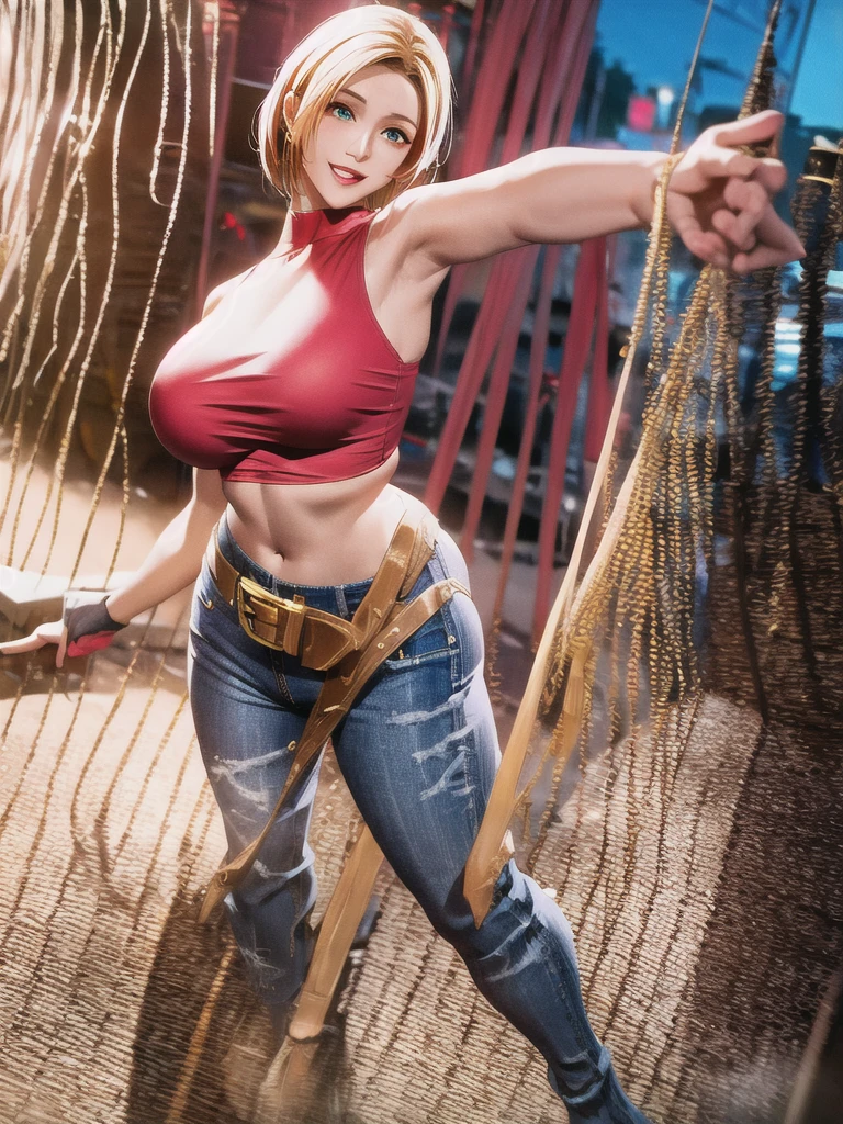 30 year old woman, alone, athletic, by the semi-cut ruby, she is wearing a tight red crop top, he wears blue jogger pants, has two belts, one small and the other a large belt hanging from his brown waist., wears blue fingerless gloves , he wears brown boots, smile at the viewer, points at the viewer, There is a little brown dog with white spots with her, high resolution, absurd, intricate, sharp focus, a New York alley in the background, Best Quality, Masterpiece, high resolution, Perfect picture, Very detailed, High contrast, Digital colors, simple, medium shot, cinematographic, ultra sharp focus, award-winning photography, perFect contrast, high sharpness, depth of field, ultra detailed photography, global illumination, fluid, ultra high definition, 8k, unreal engine 5, ultra-sharp focus, award-winning photography, Art Season Trends,
