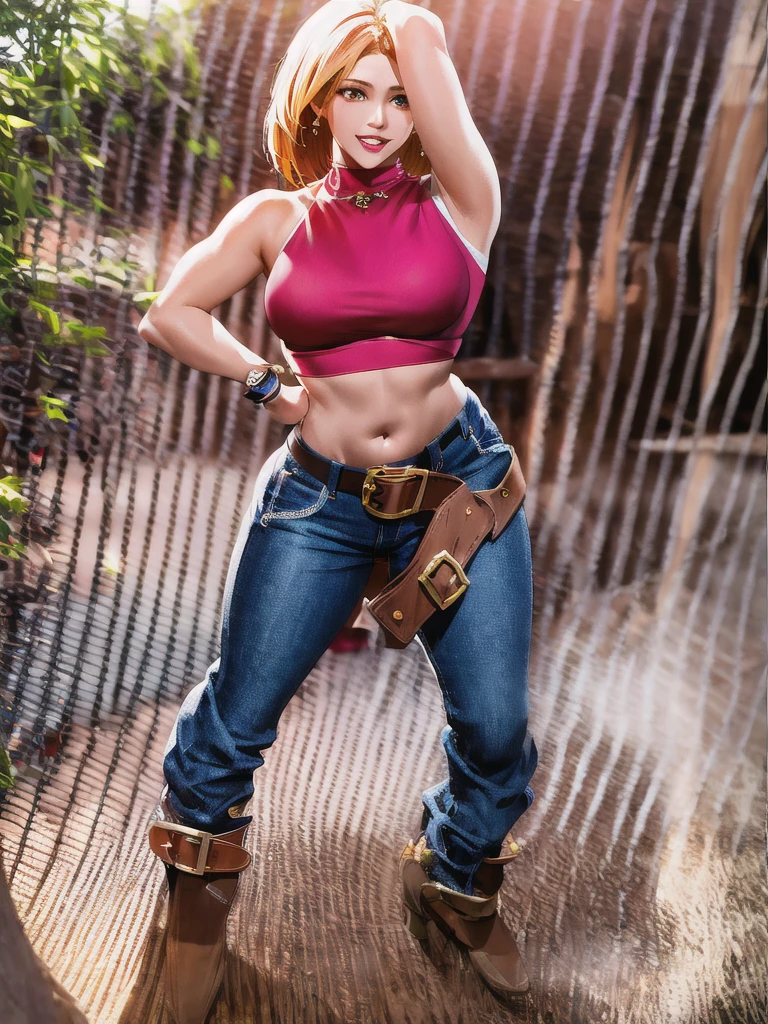 30 year old woman, alone, athletic, by the semi-cut ruby, she is wearing a tight red crop top, he wears blue jogger pants, has two belts, one small and the other a large belt hanging from his brown waist., wears blue fingerless gloves , he wears brown boots, smile at the viewer, points at the viewer, There is a little brown dog with white spots with her, high resolution, absurd, intricate, sharp focus, a New York alley in the background, Best Quality, Masterpiece, high resolution, Perfect picture, Very detailed, High contrast, Digital colors, simple, medium shot, cinematographic, ultra sharp focus, award-winning photography, perFect contrast, high sharpness, depth of field, ultra detailed photography, global illumination, fluid, ultra high definition, 8k, unreal engine 5, ultra-sharp focus, award-winning photography, Art Season Trends,

