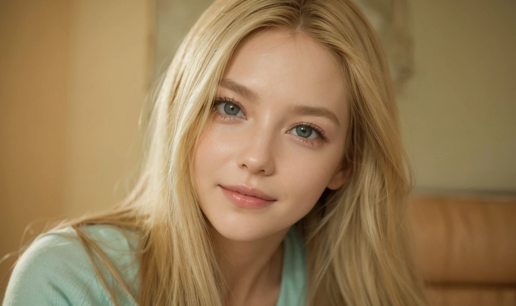 ((best qualityer)), ((work of art)), (detailded), 1womanl, blonde, long  hair, new, vagina is falling apart, medium breasts, pose sexy, Grinning, Living room