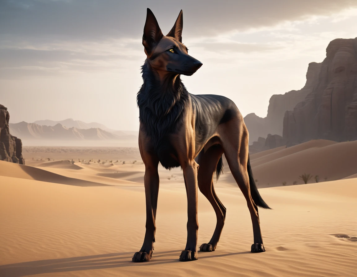 full body portrait of a black jackal, pharaoh hound, silken windhound hybrid beast, mysterious desert scenery, fantasy, dark fantasy, full body, cinematic, render, 8k, unreal engine, realistic, masterpiece, high detail, full body, low life, volumetric lighting
