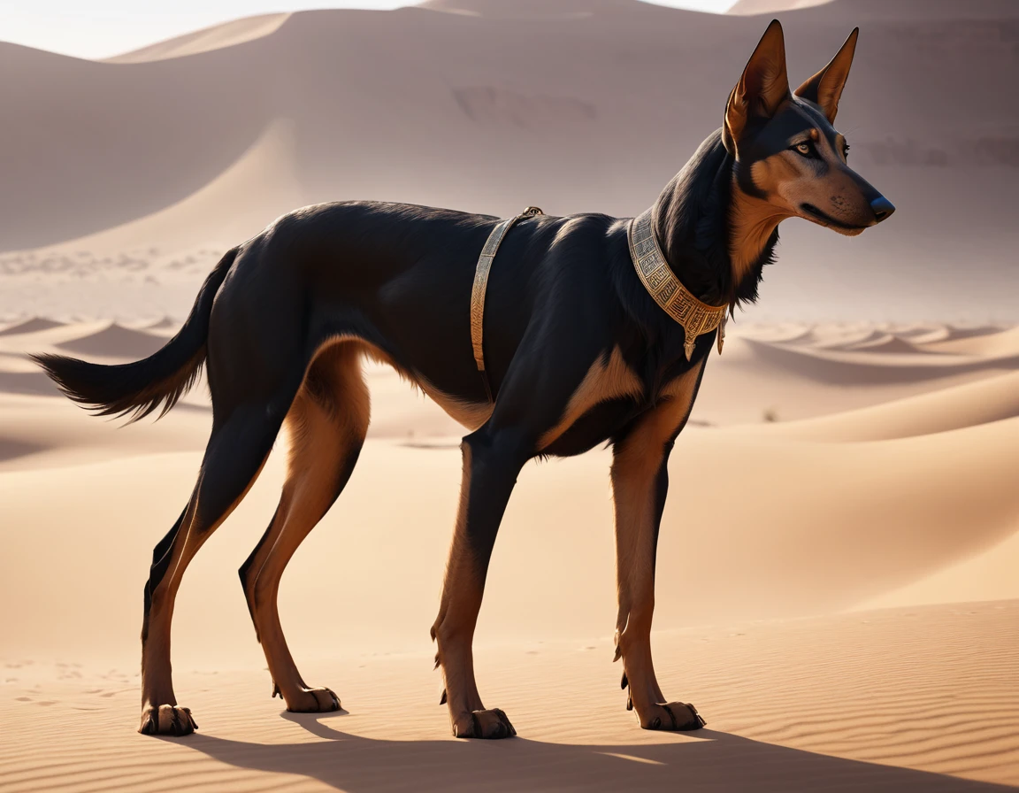full body portrait of a black jackal, pharaoh hound, silken windhound hybrid beast, mysterious desert scenery, fantasy, dark fantasy, full body, cinematic, render, 8k, unreal engine, realistic, masterpiece, high detail, full body, low life, volumetric lighting