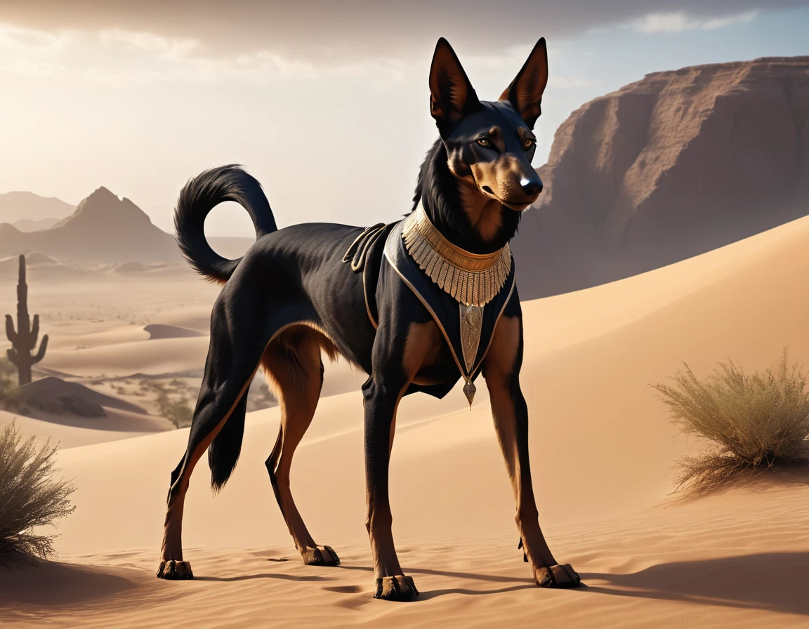 full body portrait of a black jackal, pharaoh hound, silken windhound hybrid beast, mysterious desert scenery, fantasy, dark fantasy, full body, cinematic, render, 8k, unreal engine, realistic, masterpiece, high detail, full body, low life, volumetric lighting