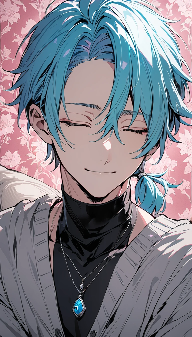 ((((best masterpiece, best quality, wallpaper,)))) solo, guy, male body, small muscles, flat chest, 1male, 30 years old, handsome man, upper body, looking at viewers, beautiful detailed, seductive smile, mediumturquoise hair, ((((Lower short ponytail)))), asymmetrical bangs, ((short hair,)) (((light smile, closed eyes, tareme, droopy eyes,))) (((perfect face,))) perfect hands, sharp nose, clear face, black turtleneck, grey cardigan, ((silver piercing, pendant,)) leggings, pink background color ultrasharp, 8K, masterpiece,