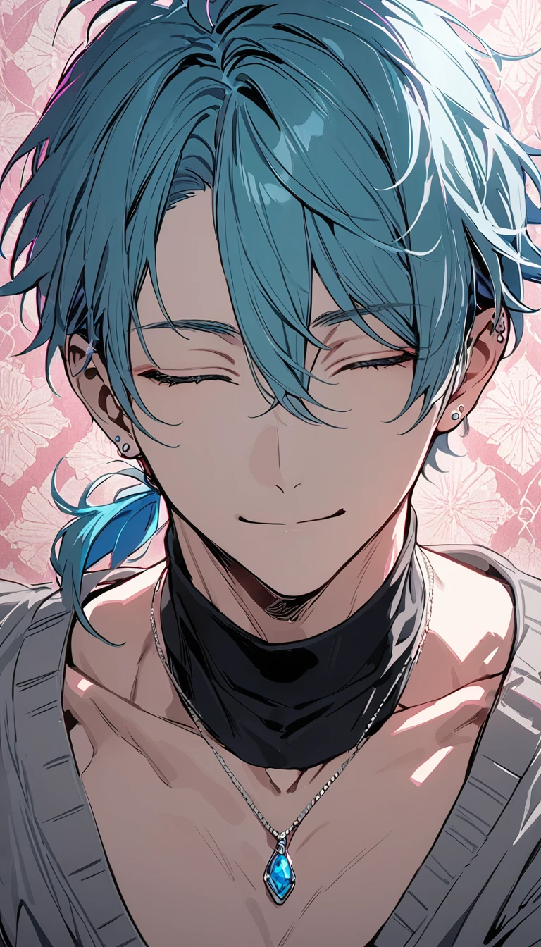 ((((best masterpiece, best quality, wallpaper,)))) solo, guy, male body, small muscles, flat chest, 1male, 30 years old, handsome man, upper body, looking at viewers, beautiful detailed, seductive smile, mediumturquoise hair, ((((Lower short ponytail)))), asymmetrical bangs, ((short hair,)) (((light smile, closed eyes, tareme, droopy eyes,))) (((perfect face,))) perfect hands, sharp nose, clear face, black turtleneck, grey cardigan, ((silver piercing, pendant,)) leggings, pink background color ultrasharp, 8K, masterpiece,