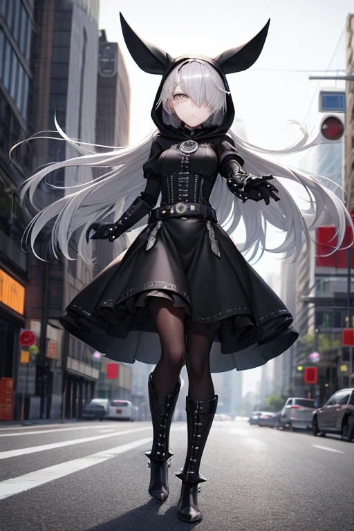 ((best quality)), ((masterpiece)), (detailed), 1 girl, Full body, 18 years old, Depressed face, Silver eyes, One eye, Outstretched arms, Covered eyes, Silver hair, Long hair, Spiky hair, Bangs, Strand of hair covering her eye, Full body, Tall, Athletic, Small breasts, Slim, Gray zippered hood, Metal spikes, Gray wristbands, Long black spiked gloves, Gray gothic lolita dress, Gray dress with metal spikes, Metal emblem, Tight fit, Black belt, Black pantyhose, Black boots, Walking through the city, Metal spikes coming out of the highway, City background, Gray clothes, Superhero, Anime, Plush rabbit in her arms