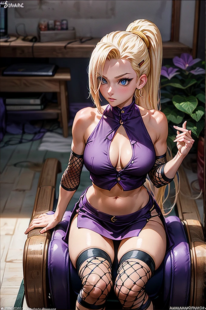 Masterpiece, best quality, ultra detailed, 1girl, arm support, bare shoulders, between legs, blonde hair, blue eyes, cleavage cutout, closed mouth, clothing cutout, earrings, fishnets, hair ointment, hair over one eye, hand between legs, jewelry, looking at the viewer, large breasts, light blush, long hair, no panties, ponytail, purple top, sitting, skindentation, solo,yamanaka ino, mature sexy female, yellow hair, long ponytail, hair over one eyes(extends till upperlip), short purple top, medium purple skirt, midriff, fishnets to elbows and knees